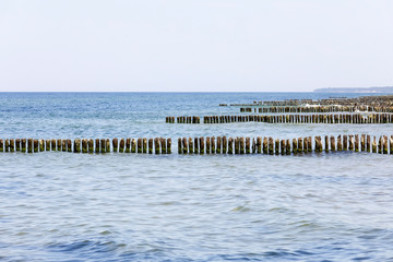 Fototapeta na wymiar At the shore there are rows of thick wooden poles