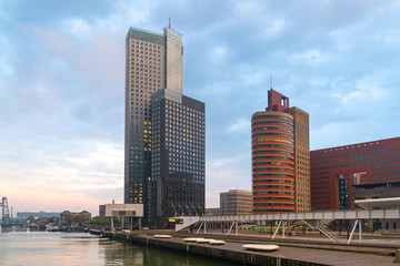 Fototapeta na wymiar Downtown skyscrapers at the embankment of Maas river, Rotterdam.
