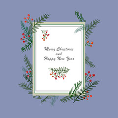 Christmas/New Year card with fir branches, red berries on purple isolated background.