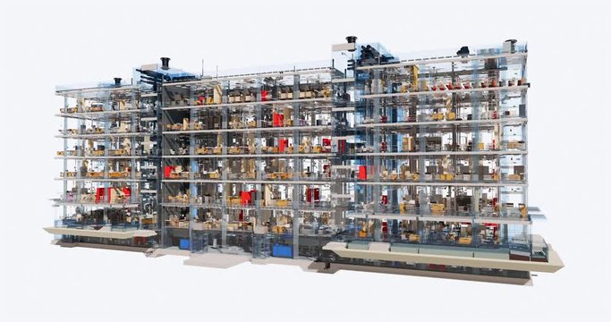 Visualization of a BIM model of an office building with transparent walls