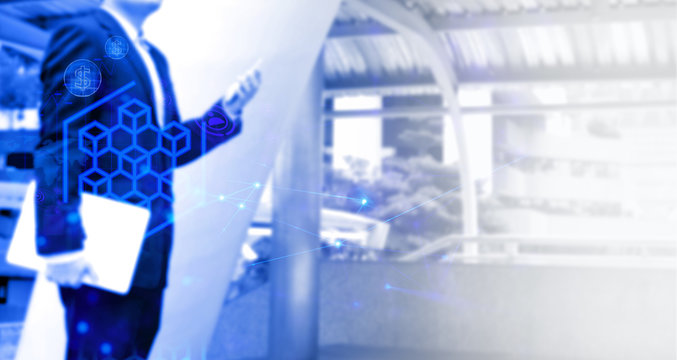 businessman and computer connect server network system online in data internet, security hacking system concept, block chain crypto currency, trading and money financial