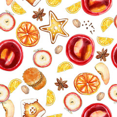 Winter red and brown watercolor seamless pattern with mulled wine
