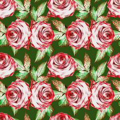 Roses with leaves seamless pattern.