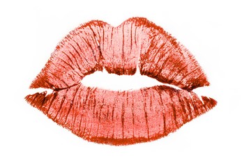 Print of female sexual lips. Imprint of red lipstick, close-up. Kiss. Red lips isolated on white background.