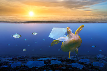 plastic ocean turtle are eating plastic bags under the blue sea. Environmental conservation...