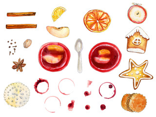 Watercolor flatlay red and brown mulled wine set isolated on white