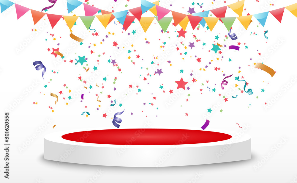 Poster lots of colorful tiny confetti and ribbons on transparent background. festive event and party. multi