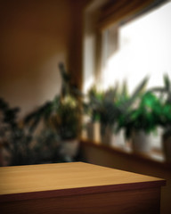 Desk of free space and winter window background 