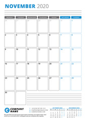 Calendar template for November 2020. Business planner. Stationery design. Week starts on Monday. Portrait orientation. Vector illustration