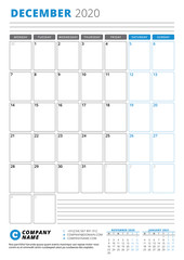 Calendar template for December 2020. Business planner. Stationery design. Week starts on Monday. Portrait orientation. Vector illustration