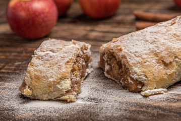 Traditional apple strudel with powdered sugar on wooden rustic background
