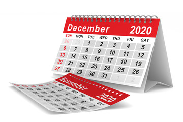 2020 year. Calendar for December. Isolated 3D illustration