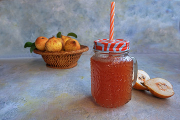 Fresh homemade pear juice with some fresh fruit. Healthy food concept. Copy space. Horizontal.