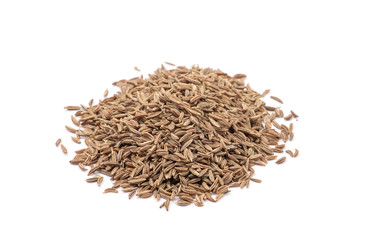 Pile of cumin seeds isolated on white background