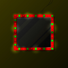 Mirror with makeup lamps in the dark. Vector illustration.