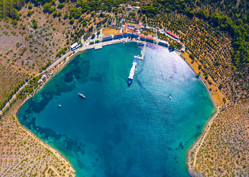 Bay of panormitis Symi island view from above with drone.