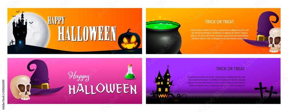 Wall mural trick or treat orange, violet, pink banner set with castle