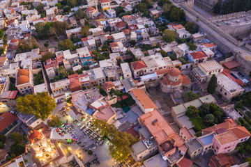Obraz premium Aerial birds eye view photo taken by drone of Rhodes island old fortified town, popular tourist destination, Dodecanese, Aegean, Greece