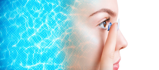 Double exposure of woman wearing contact lenses and water from pool.