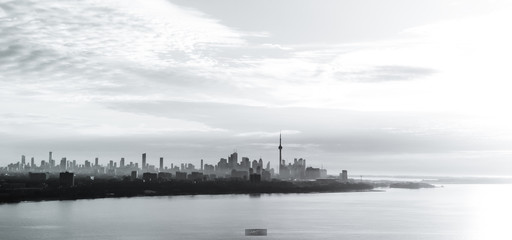 The skyline of toronto in black and white
