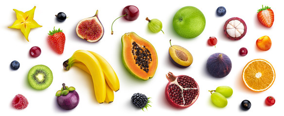 Mix of different fruits and berries, flat lay, top view