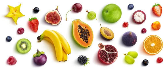 Poster Mix van verschillende soorten fruit en bessen, plat gelegd, bovenaanzicht © xamtiw