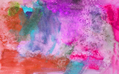 Colorful vibrant textured artistic background. Abstract hand painted on paper watercolor texture. Decorative chaotic texture for scrapbook pages design. Handmade overlay backdrop