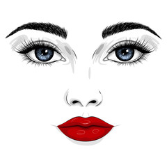 Fashion illustration. Beautiful face of a woman with blue eyes, red lips, long eyelashes. Vector EPS 10.