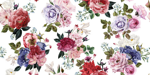Seamless floral pattern with flowers, watercolor