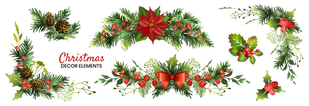 Christmas decor elements set for your design. Garland fective set. Vector illustration.