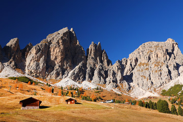 Autumn landscape in Passo Gardena, South Tyrol, Dolomites, Italy