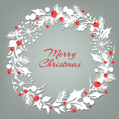 White  Christmas wreath with red berries. Christmas frame. Decorative festive element.