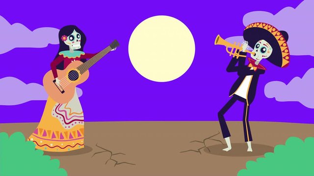 viva mexico animation with mariachi and catrina skulls characters