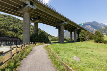 highway bridge over Dora Baltea river next to Saint-Vincent, Aosta Valley, Italy