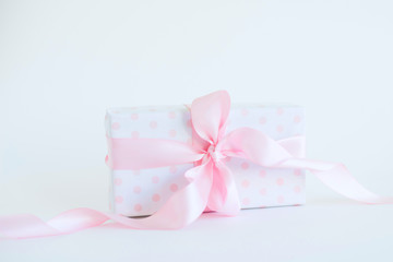 women's day gift box, polka dot paper, pink ribbon