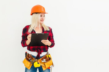 Blonde architect isolated on white background