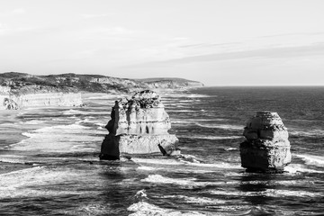 Black and white view of Twelve Apostles Sea Rocks near Great Ocean Road , Port Campbell National Park, Australia
