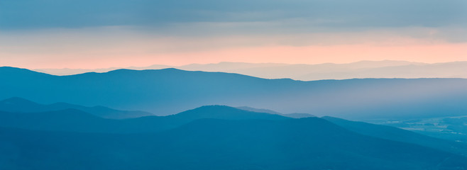 Sunset over the Shenandoah Valley as seen from an overlook on Skyline Drive in Shenandoah National...