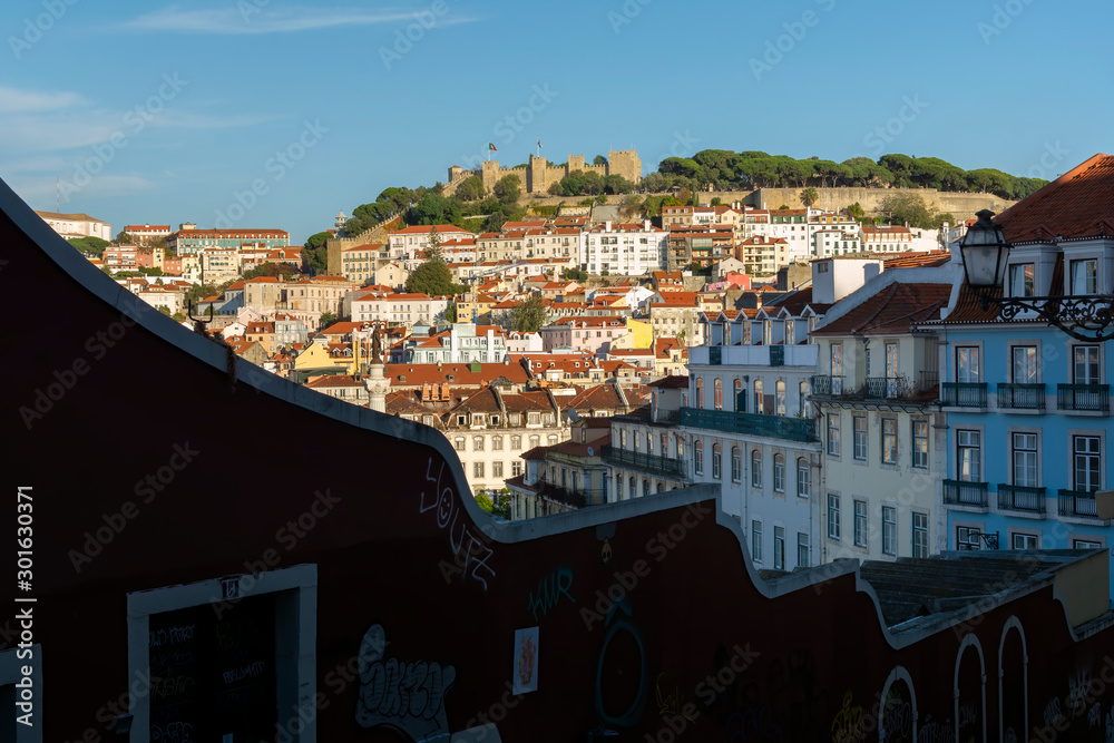 Sticker City view at evening from Calcada Do Duque street in Old town of Lisbon, top tourists attraction in Portugal