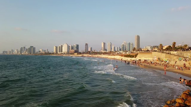 Tel Aviv Israel time lapse of beach seen from Jaffa with skyline and beaches, 4k video footage time lapse