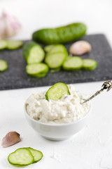 Greek tzatziki sauce with yogurt, cucumbers and garlic