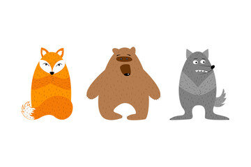 Cartoon fox, wolf, bear on white background. Wild animals set for postcards. Original handwritten style