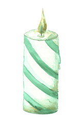 New Year's and Christmas striped white-green candle with a greenish flame. Watercolor hand drawn illustration