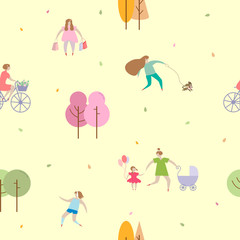 Summer Outdoor activities - women walk with children and stroller, with dog, run, ride bicycle. Natural background. Original vintage design. Cartoon colorful flat vector