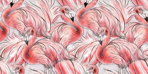 Seamless pattern with flamingo, watercolor.