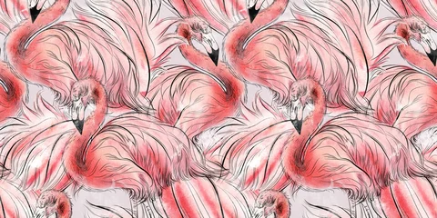 Zelfklevend Fotobehang Flamingo Naadloze patroon met flamingo, aquarel.