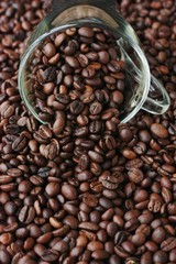 Roasted coffee beans in a glass mug 