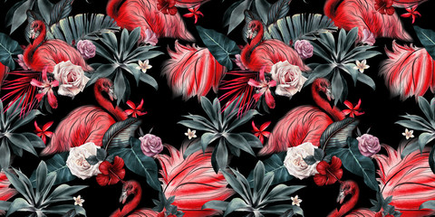 Nahtloses Blumenmuster mit tropischen Blumen und Flamingo, Aquarell. © ola-la