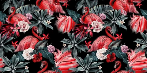 Nahtloses Blumenmuster mit tropischen Blumen und Flamingo, Aquarell. © ola-la