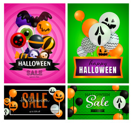 Halloween sale pink, green banner set with balloons, candies